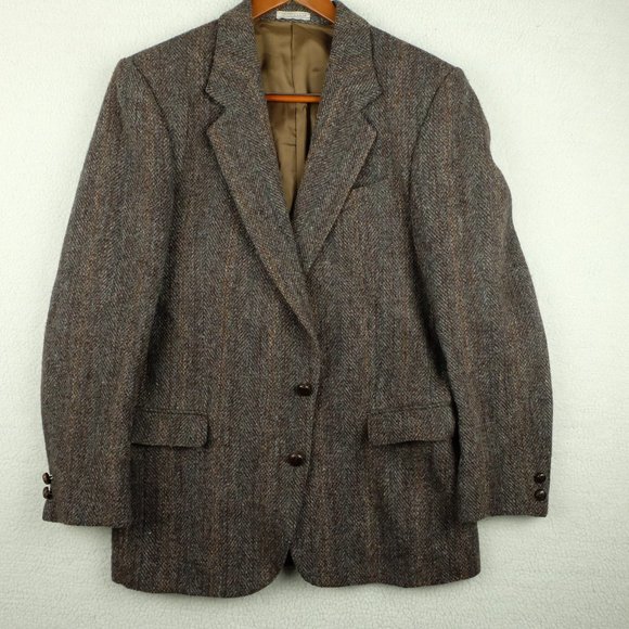 Harris Tweed Other - Harris Tweed Mens Blazer Jacket 40R Brown Striped Herringbone Two Button 80s